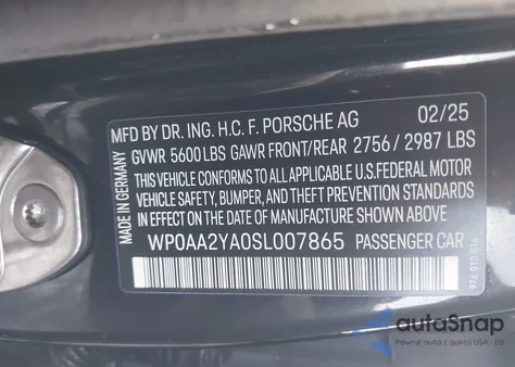 2025 Porsche Panamera 4 z USA, uszkodzony, nr VIN WP0AA2YA0SL007865